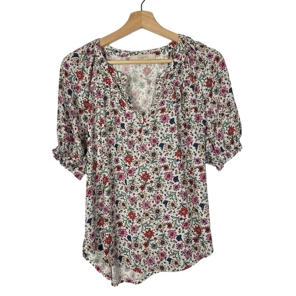 Ann Taylor LOFT Floral Split Neck Mixed Media Short Sleeve Top XS - Picture 3 of 5